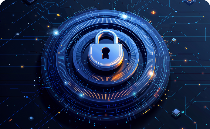 Blue digital lock surrounded by futuristic circular interface representing secure transactions